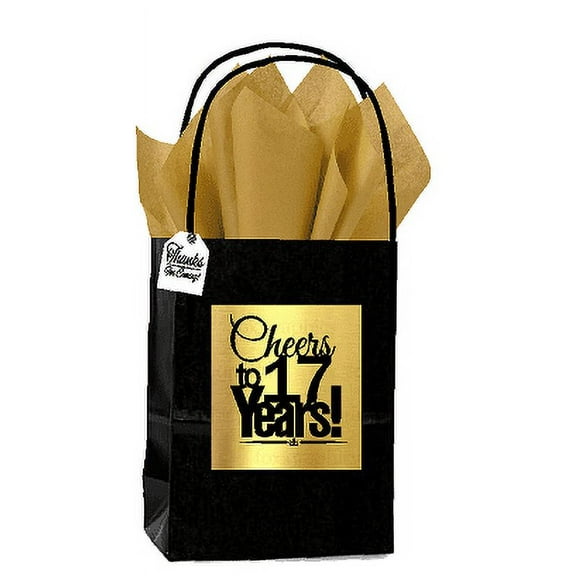 Black & Gold 17th Birthday / Anniversary Cheers Themed Small Party Favor Gift Bags with Tags -12pack