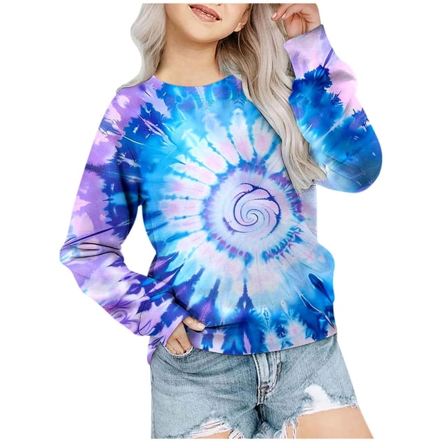 DGHM Chandails à Capuchon pour Adolescents Filles Tendance Junior Chandails à Capuchon Pull à Capuche Garçons Filles Automne et Hiver Teinture sur Nœuds Imprimé Col Rond Manches Longues Chandail en Molleton Décontracté Sans Capuche Bleu