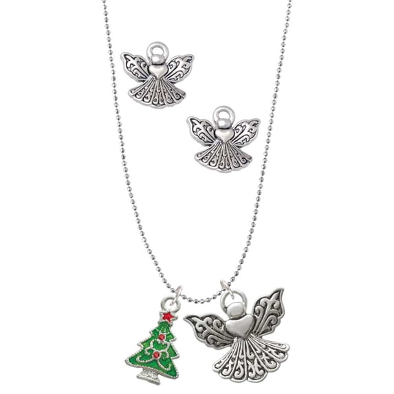 Delight Jewelry Silvertone Green Christmas Tree with Red Crystals Silver tone Guardian Angel Charm Necklace and Stud Earrings