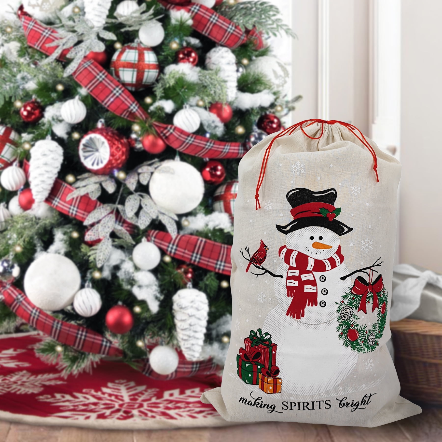 Holiday Time 1 Compte sacs en tissu multi couleur avec cordon 18 "par 29" pour le stockage des emballages de Noël HOLIDAY TIME PL SANTA SACK SNOWMAN