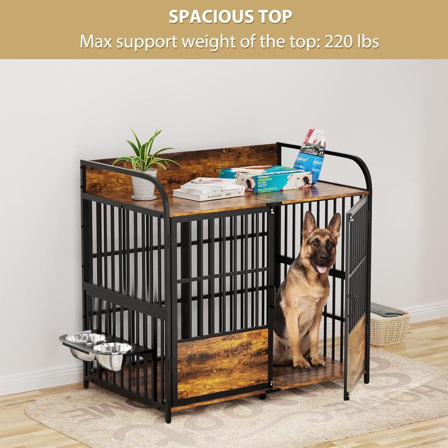 41" Dog Crate Furniture with Adjustable Bowls, Indoor Furniture Style Wooden Dog Kennel, Decorative Dog Cage End Table for Small, Medium Dogs, Brown