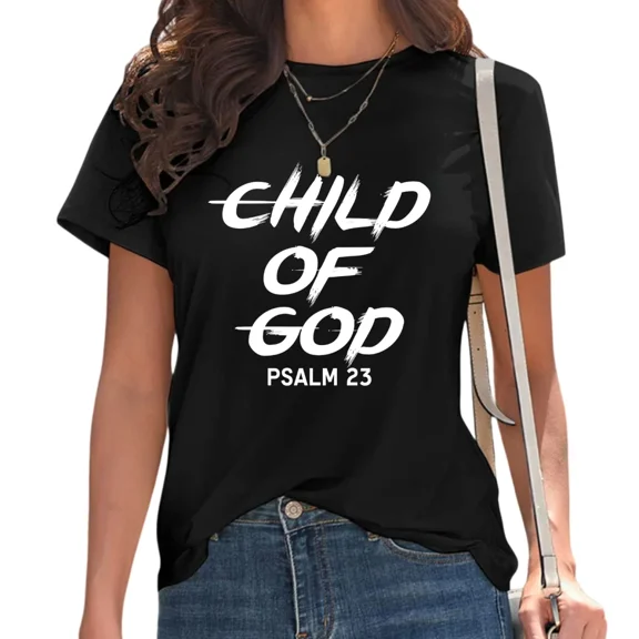 UNISHE Women's "Child of God" Graphic Tee Brushed Typography Faith Top for Daily Outfit Black, S