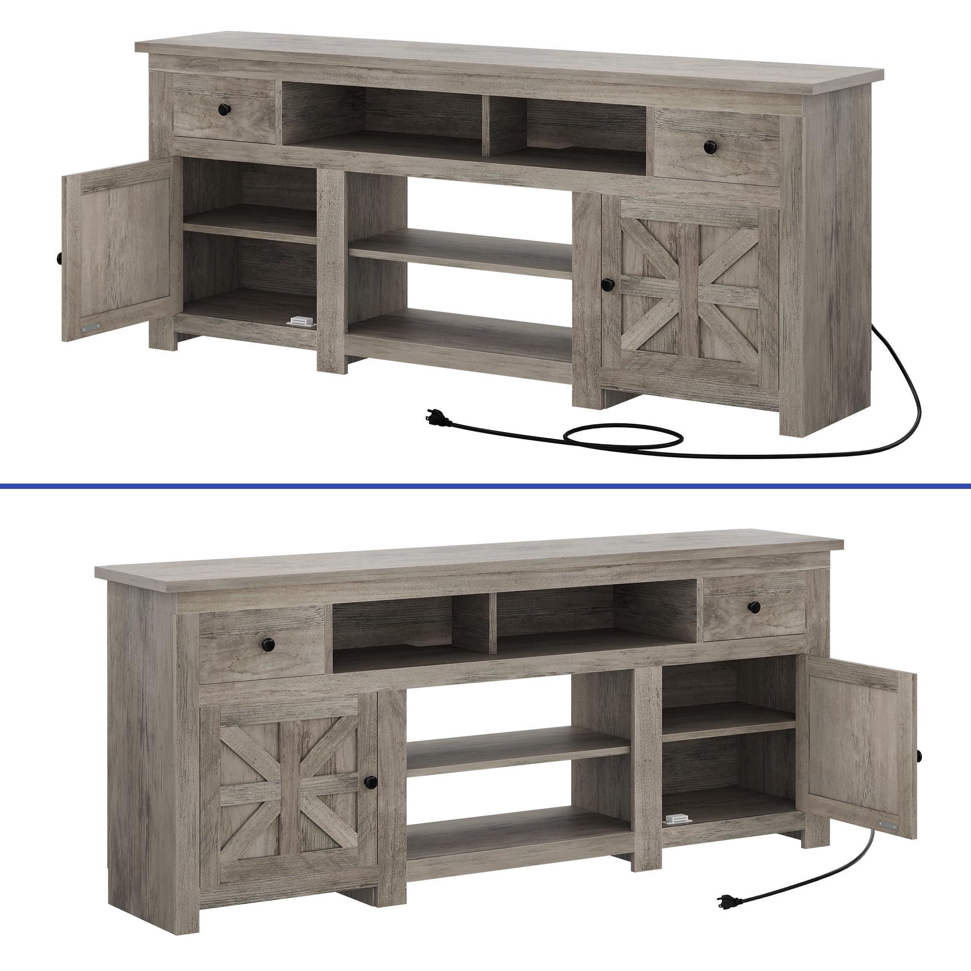 Uforic Farmhouse TV Stand for 75/80 Inch TV, Rustic Entertainment Center with Power Outlet, Storage Drawers, TV Console for Living Room, Gray