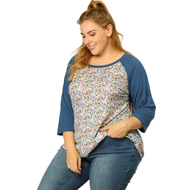 BluTop Floral Cuello Redondo Y Mangas Raglán 3/4 TalGrande PaMujer Azul XL