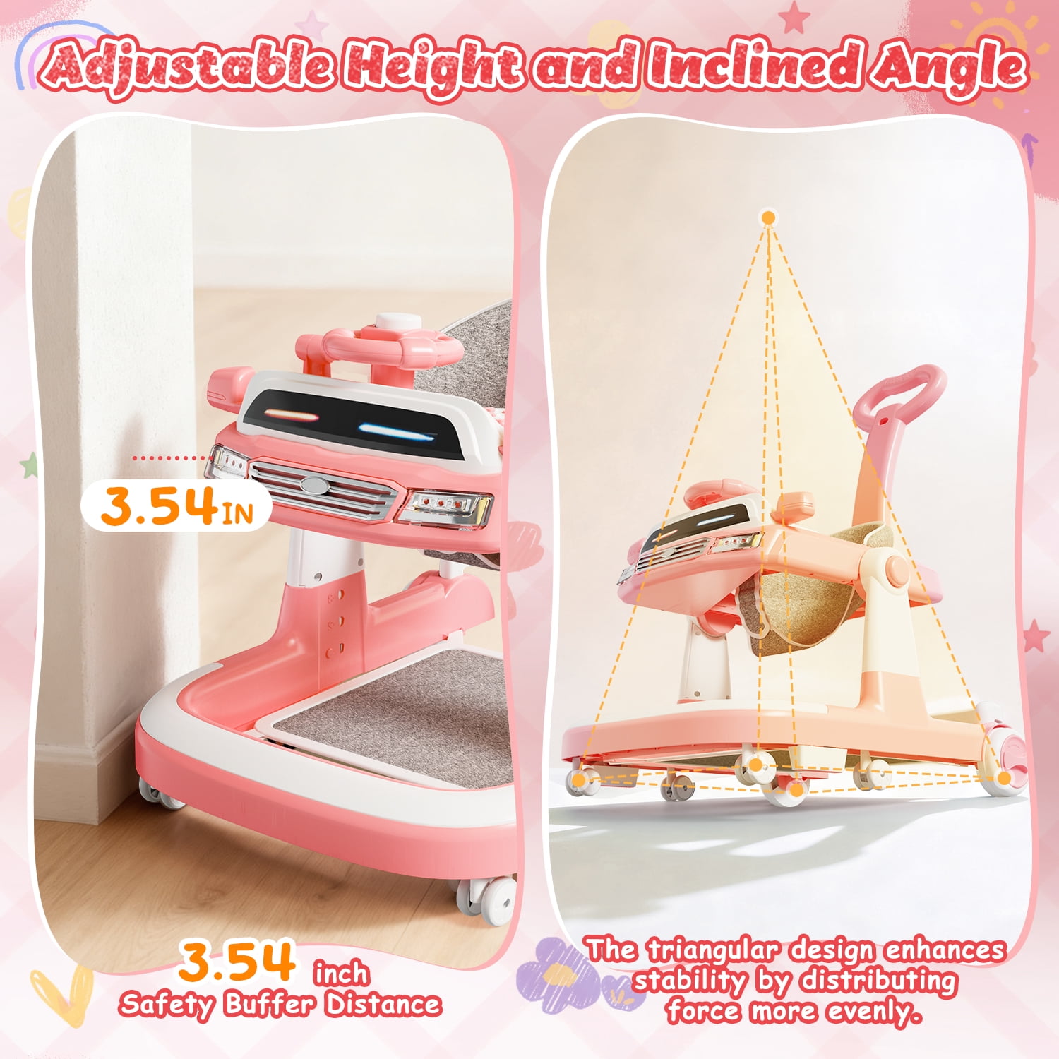 WonderStone 6 in 1 Baby Walker, Height-Adjustable Push Walker with Music & Light Toys, Baby Bouncer & Activity Center for Boys and Girls 6-18 Months (Pink)