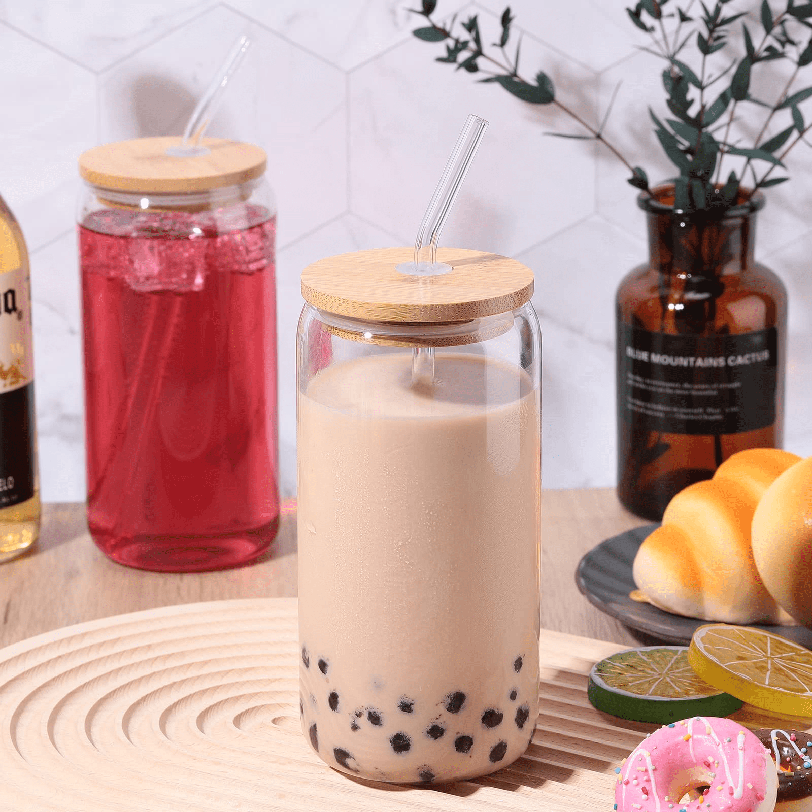 6 Pack Glass Tumblers with Bamboo Lid and Straw Reusable Iced Coffee Cups  Smoothie Tumbler Aesthetic…See more 6 Pack Glass Tumblers with Bamboo Lid