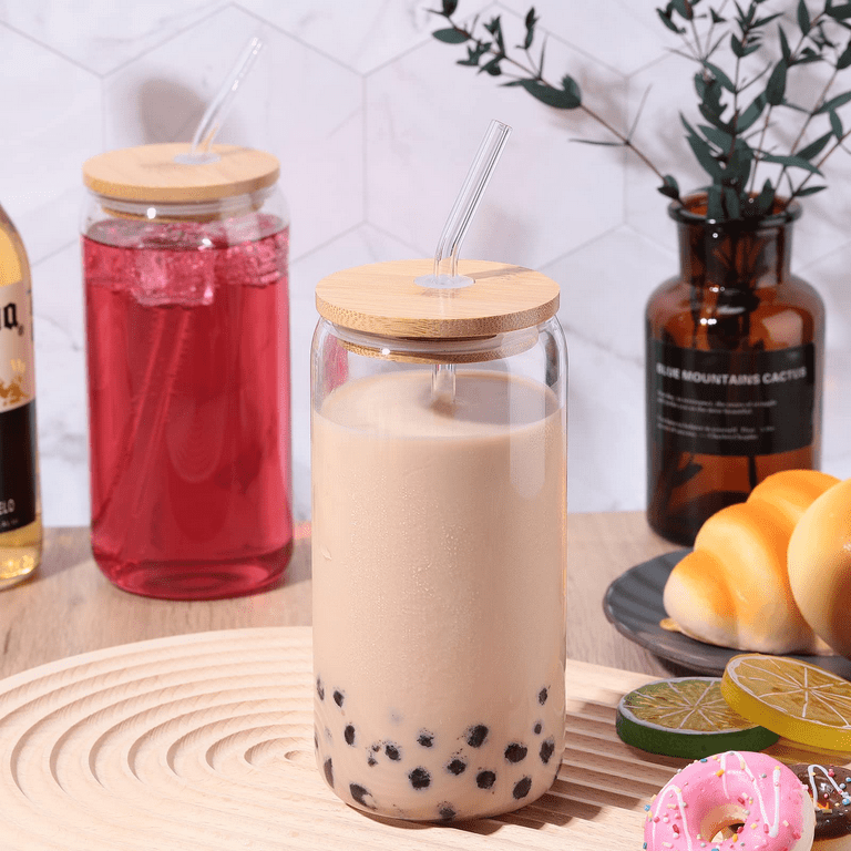 6 Pack Glass Cups Set - Glass Cups with Bamboo Lids and Glass Straw - Cute  Boba Drinking Glasses, Reusable Travel Tumbler Bottle for Iced Coffee,  Smoothie, Bubble Tea, gift 
