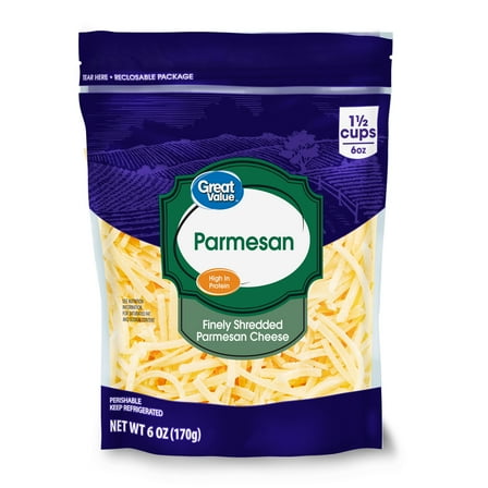 Great Value Parmesan Finely Shredded Cheese, 6 oz Bag