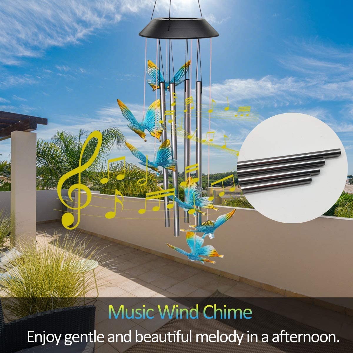 Solar Wind Chimes for Outside, Butterfly Windchimes with Music Metal Tubes, 7 Colors Changing LED Lights, Waterproof Wind Bells for Indoor Outdoor, Garden, Patio Decor, Love Memorial, Mom Gift