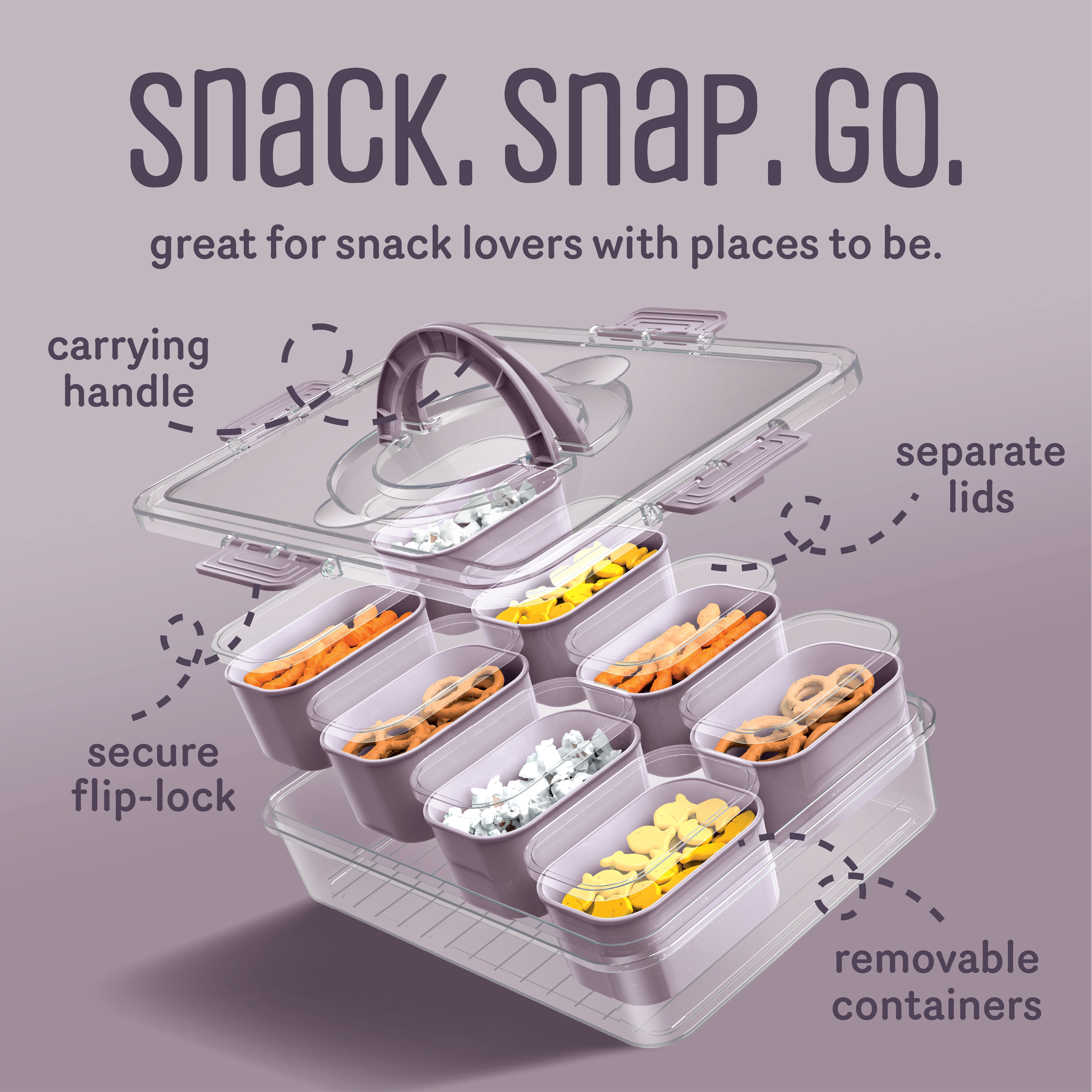 Cook With Color 8-Compartment Snackle Box Food Storage Carrier and Container, Charcuterie Container, Divided Serving Tray with Lids and Handle, Purple, Portable and Dishwasher Safe