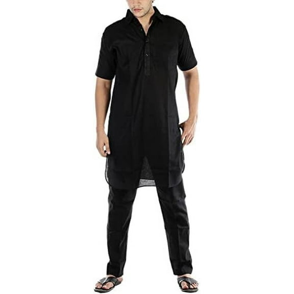 Royal Kurta Men's Cotton Pathani Suit_Half Sleeves Black