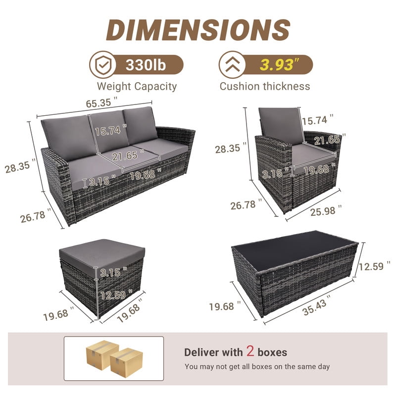 Howcool 6-Piece Patio Furniture Set,Wicker Outdoor Rattan Sectional Sofa with Cushions and Glass Table,All-Weather Outdoor Conversation Set for Garden,Porch,Backyard,Patio,Gray+Gray