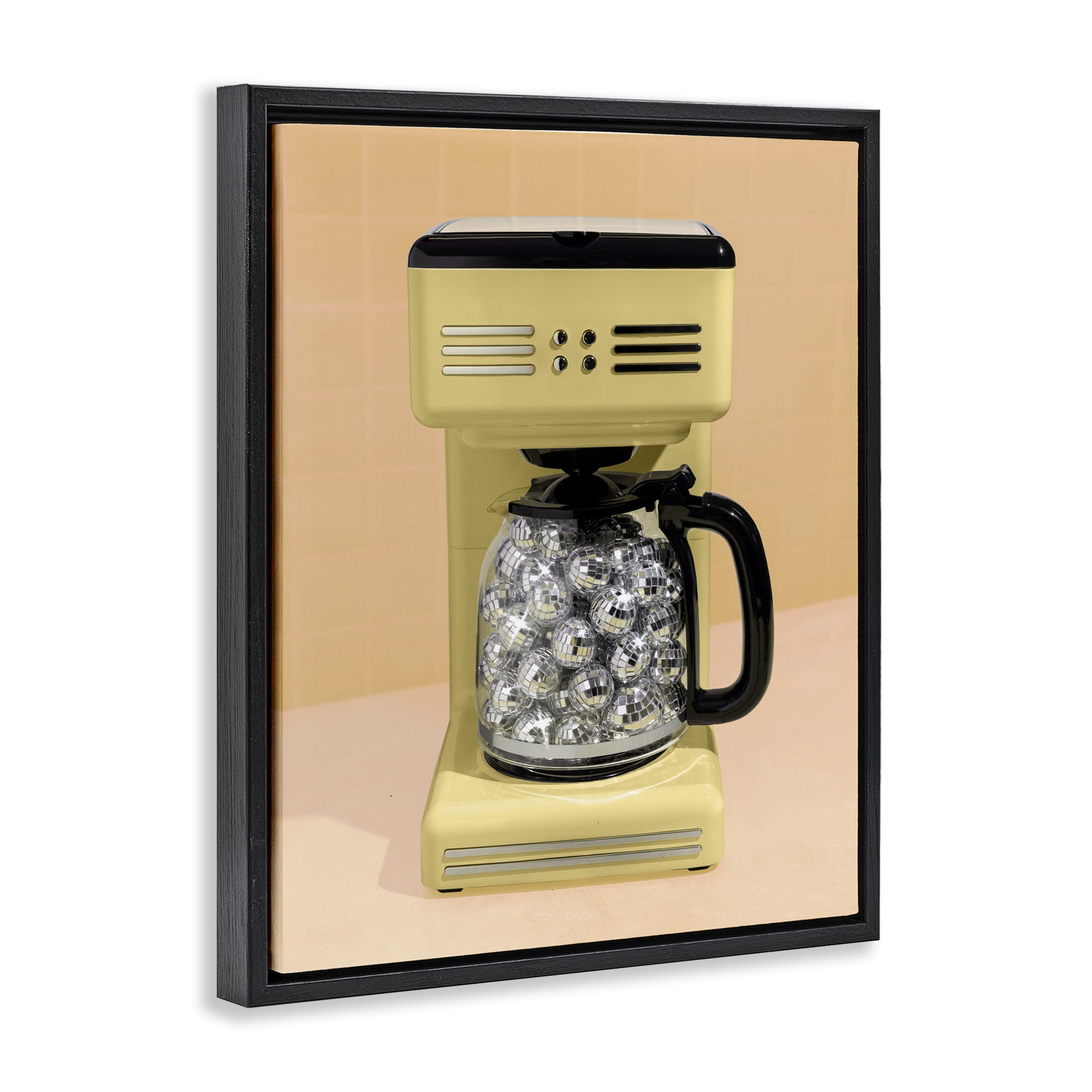 Stupell Industries Disco Coffee Maker over Yellow Black Framed Floater Canvas Wall Art, design by LISH Creative