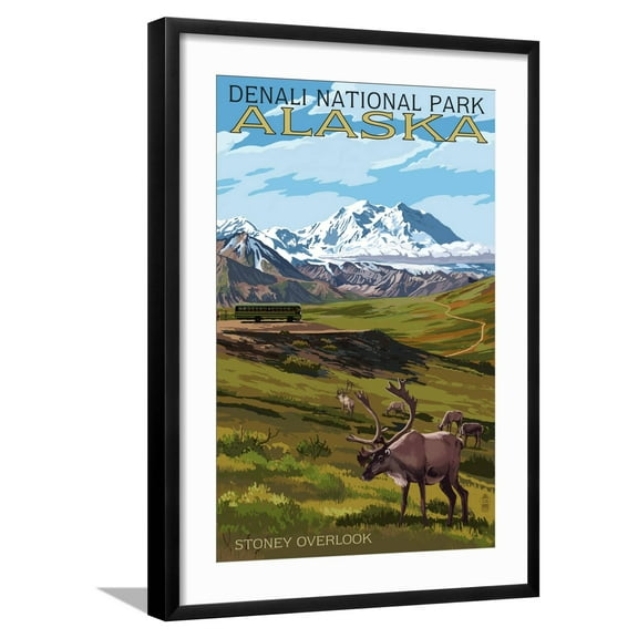 Art.com Denali National Park, Alaska - Caribou and Stoney Overlook Art Print by Lantern Press, Black Frame Wall Art, 21" x 29"