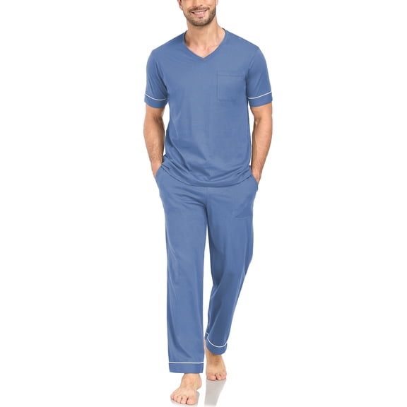 ANLIQI Men's 100% Cotton Pajama Set Soft v-neck Top Short Sleeve & Bottom Pants with Pockets Men's Loungewear Sets(BL_XL)