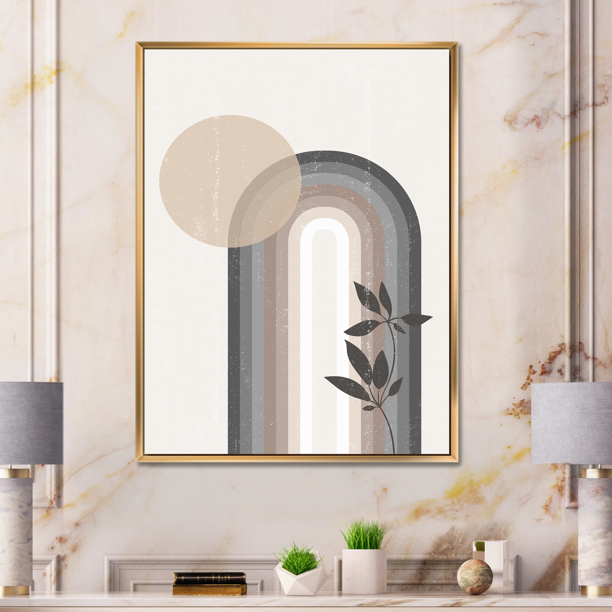 Designart 'Abstract Rainbow Moon and Sun In Earth Tones III' Modern Framed Canvas Wall Art Print