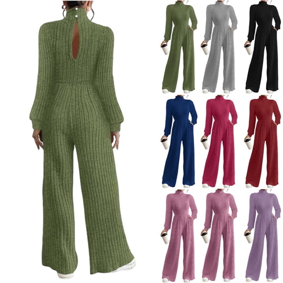 akafmk Jumpsuit for Women Dressy Ribbed Knit Fleece Jumpsuits Back Button Zipper Pocket Wide Leg Romper Fashion Fall Outfits, Size 2XL