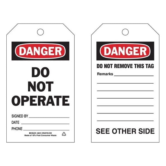 Brady Danger Tag,7 x 4 In,Bk and R/Wht,PK10 86516