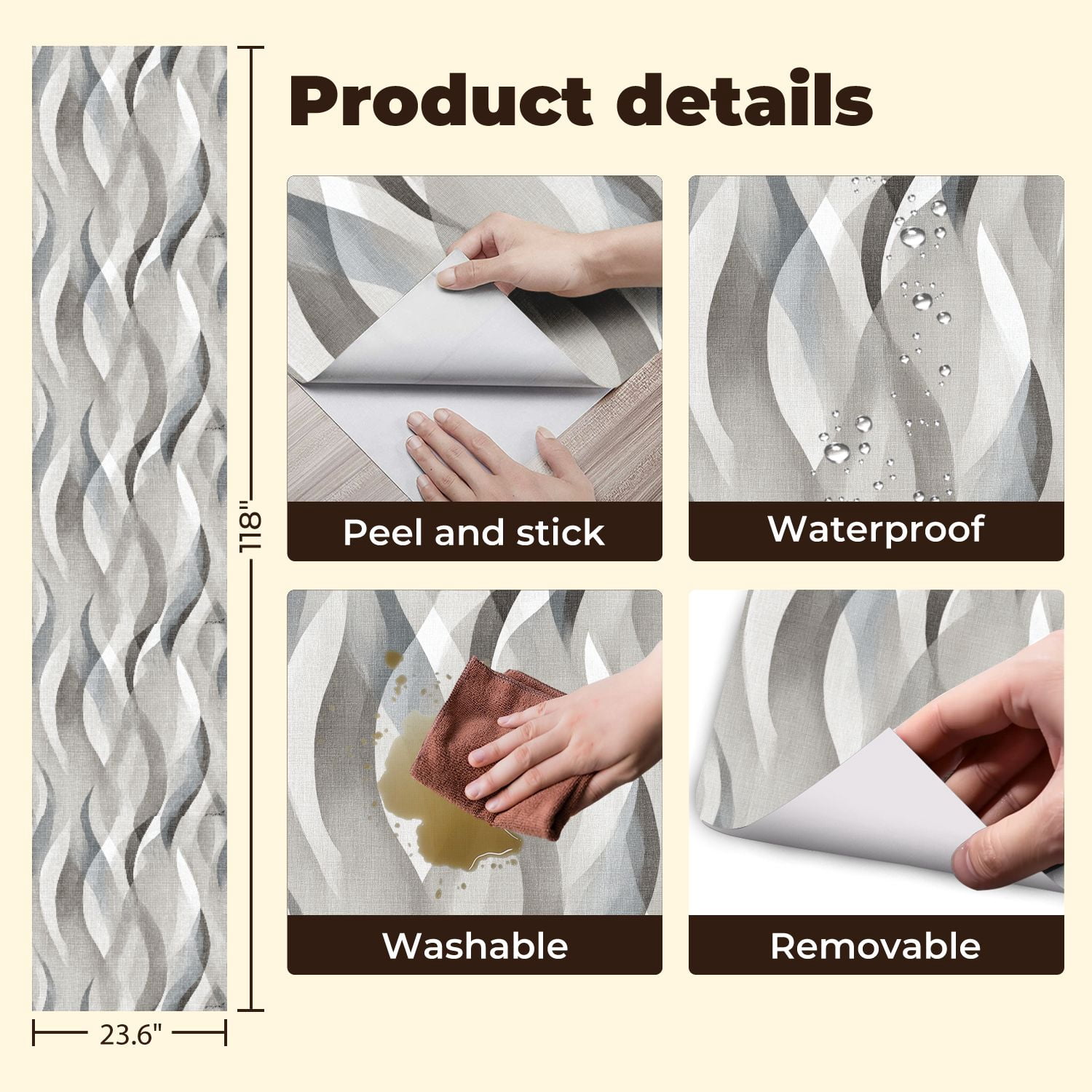 Peel and Stick Wallpaper Symmetrical Flowing Lines Elongated Abstract Monochrome Wall Mural 23.6in x 9.8ft Self Adhesive Removable Wall Paper Renter Friendly Wallpaper for Nursery Bedroom Cabinets