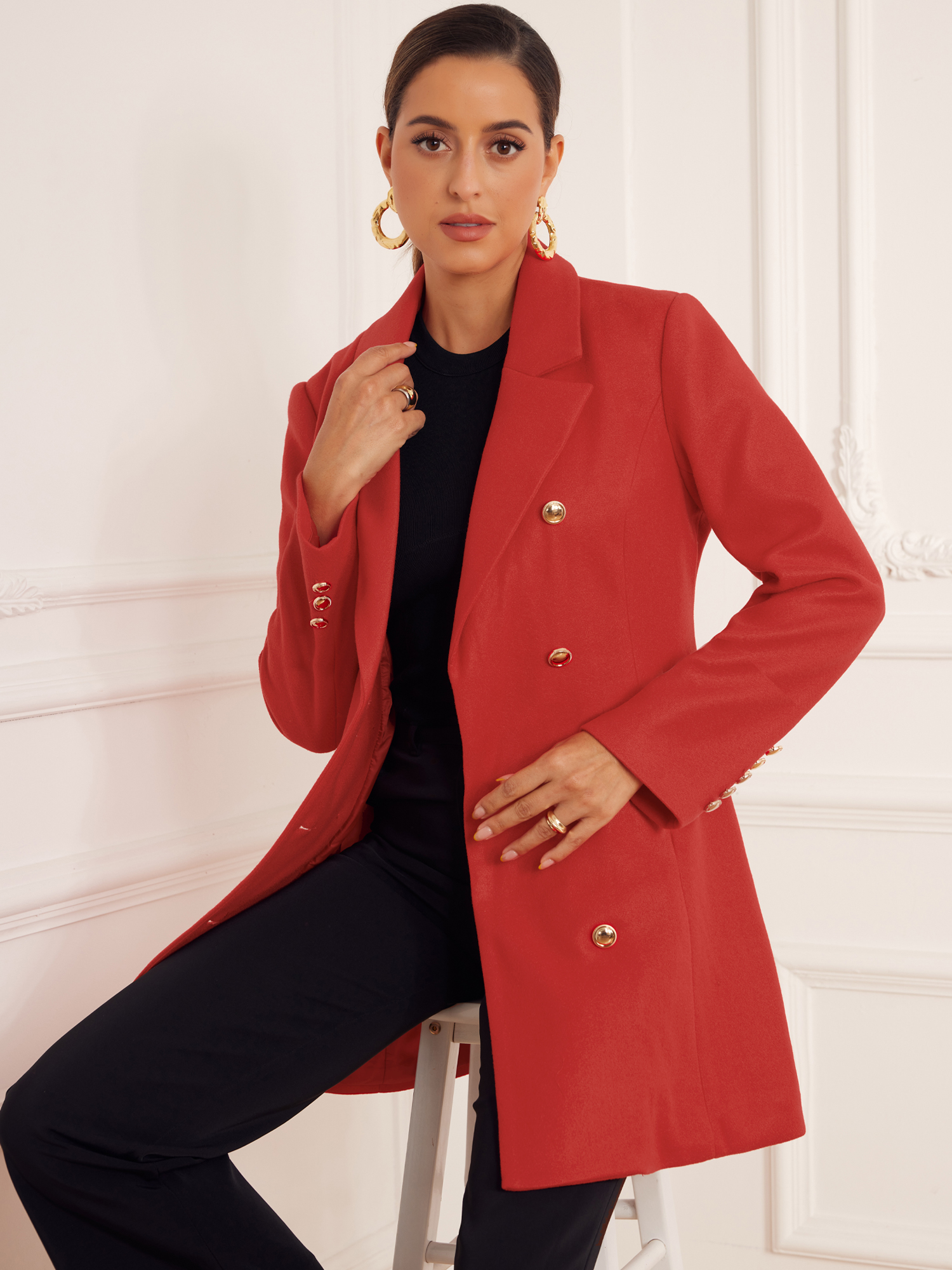 DARING DIVA Women's Winter Peacoat Notch Lapel Trench Double Breasted Coats M Red