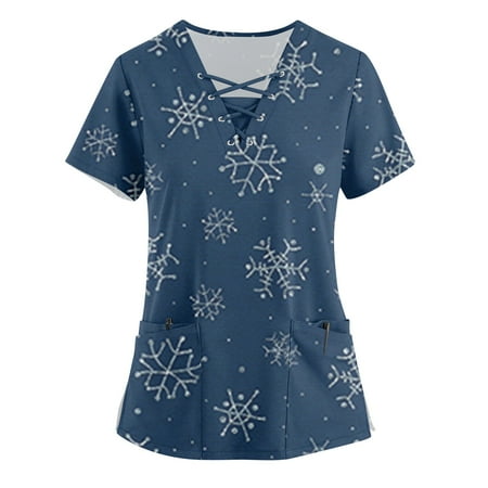 

Ovticza Women Plus Christmas Scrub Tops Snowflake with Pockets Nursing Xmas Short Sleeve V Neck Plus Size Print Christmas Day Scrubs for Women Navy 4XL
