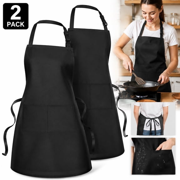 2-Pack Heavy-Duty Bib Apron with 2 Pockets, Water-Resistant for Cooking, Grilling, Baking, Adjustable Ties for Chefs, Men & Women, Black