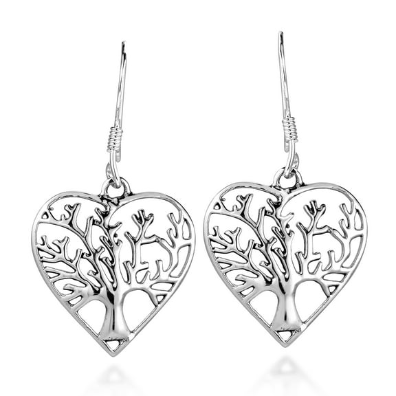 Romantic Heart Shape Tree of Life .925 Sterling Silver Dangle Earrings