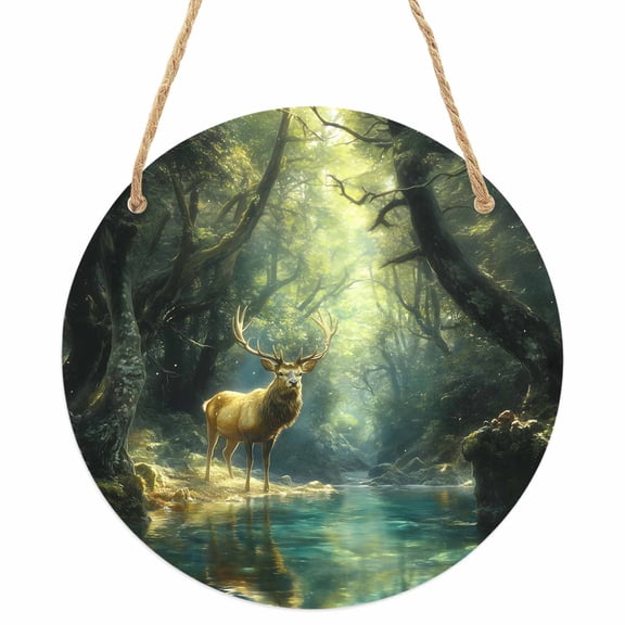 Green Forest Deer Round Front Door Welcome Sign, 7.8 Inch Wall Hanging Decor for Indoor Outdoor, Fantasy Vintage Nature Scenery Home Porch Hanger Decorations for Holiday Gift