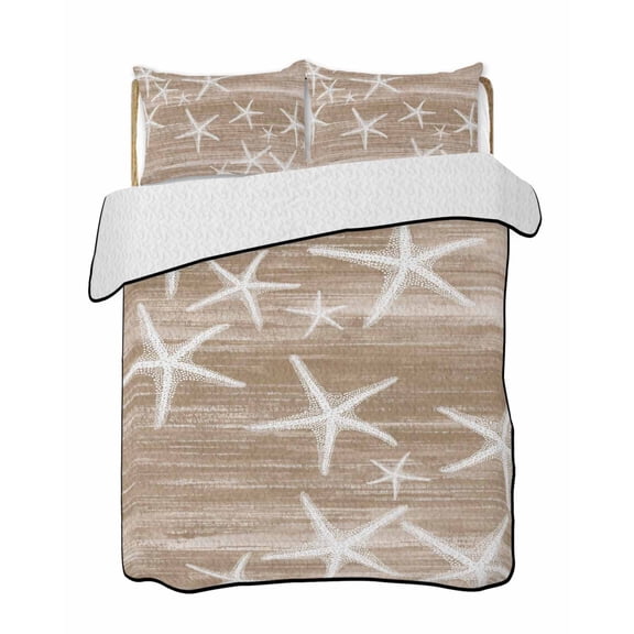 Quilts King Size Bedding Set, Brown Coastal Lightweight Quilted Comforter, Summer Ocean Waves Ombre Sea Starfish Soft Reversible Bedspread Coverlet with Pillow Covers for All Season, 96" x 106"