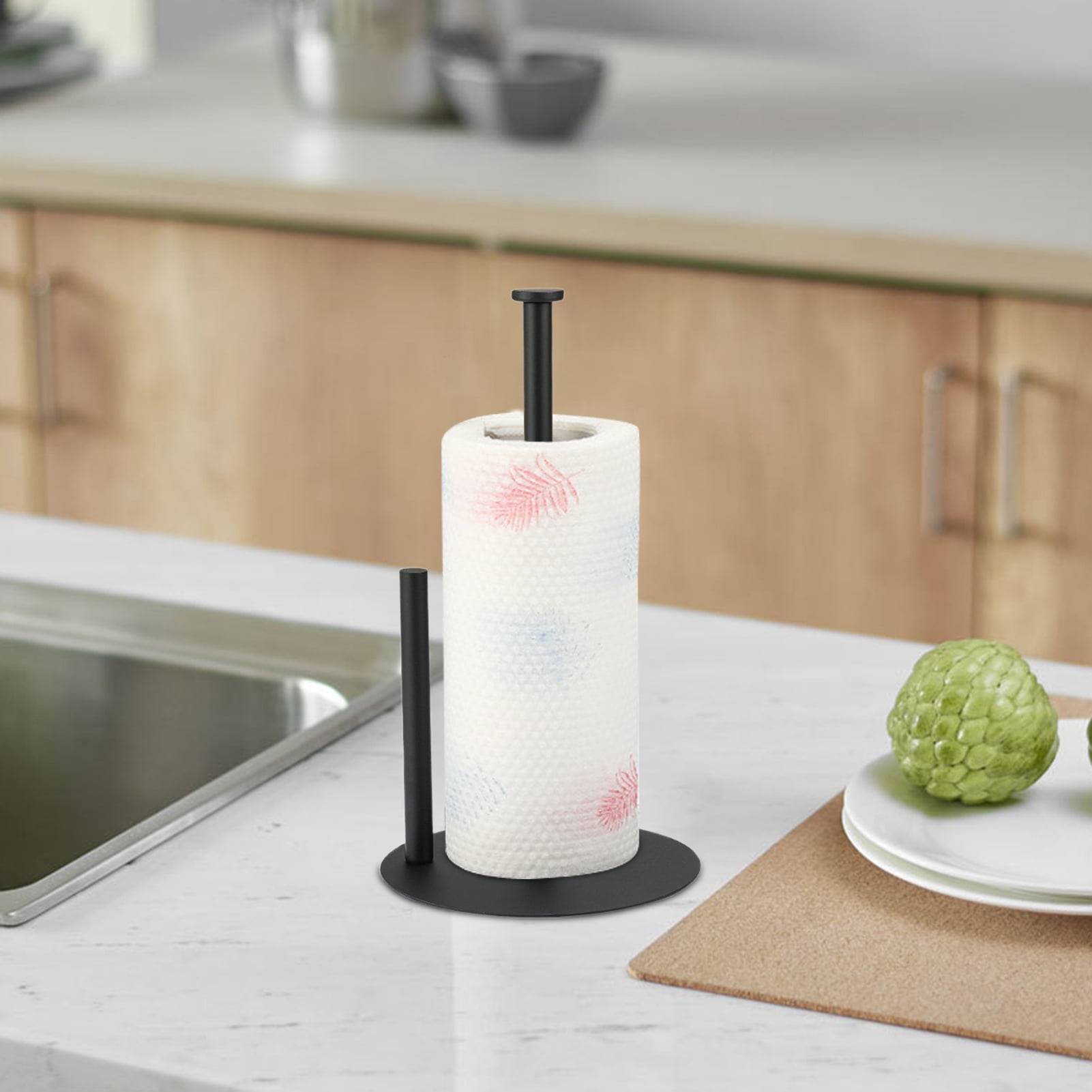 Vertical Tissue Holder Paper Towel Stand with Anti-Slip Weighted Base Kitchen Countertop Freestanding Paper Towel Rack,Black