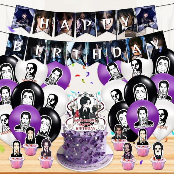 32 Pcs Exquisite Wednes Party Supplies For Fans, Birthday Decorations Set Include Banner, Balloons, Cake Topper, Cupcake Toppers For Cartoon Theme Party, Surprise For Fans All Ages