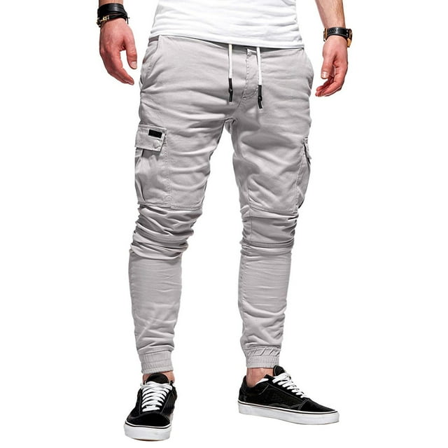 FOCUSNORM Men Casual Jogger Pants Solid Color Drawstring Workout Cargo Trousers Sweatpants with Pockets Travel Streetwear