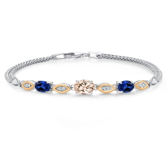 925 Silver and 10K Yellow Gold Peach Morganite and Blue Created Sapphire and White Lab Grown Diamond Bracelet for Women (1.91 Cttw, Gemstone October Birthstone, Oval, Wheat Chain, 7 inches)