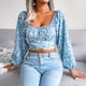 thumbnail image 3 of Blusa corta con estampado floral y cuello cuadrado y manga larga con lazo en la espalda para mujer Azul M, 3 of 9