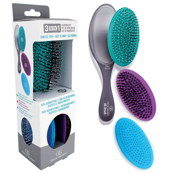 Olivia Garden OG Detangler Brush 3-in-1 kit, removable cushion, scalp hugging massages the scalp, 1 body, 3 cushions (2 detanglers and 1 styler), for wet or dry hair, for women, men and children
