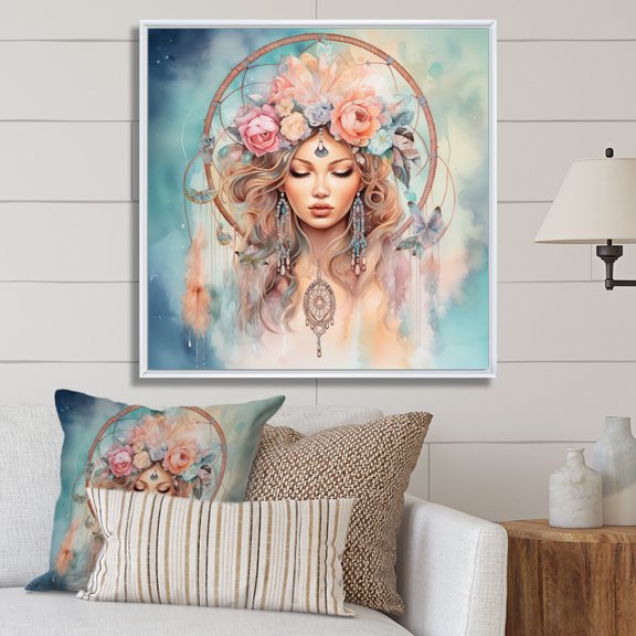Designart "Pink Dream Catcher delicate Weavings" Landscapes Floater Framed Wall Art Print