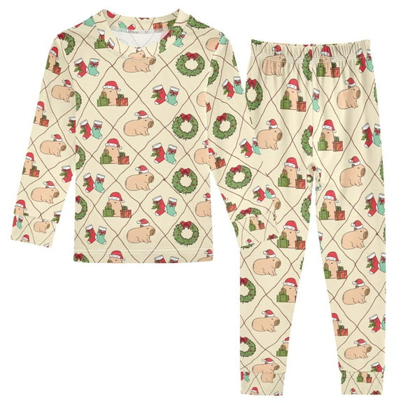 joogoo Capybara Christmas 2 Piece Long Sleeve Tee and Pants Cotton Pajama Set 5Y