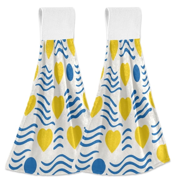 Yellow Hearts Blue Dots Waves Valentine Hanging Towels with Loop Hand Towels Nylon Fastener Tape Design Dish Cloths 2 Pcs