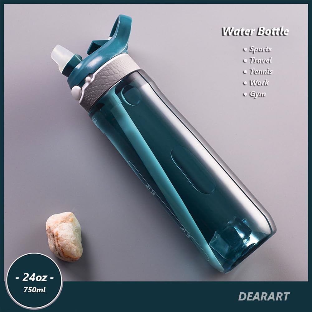 24oz Water Bottles With Straw, Leakproof BPA FREE Hidden Nozzle, Flip Up Lid Has Handle Wide Bottle Easy Clear, Suit Office Sports Travel Gym Yoga, Dark Cyan