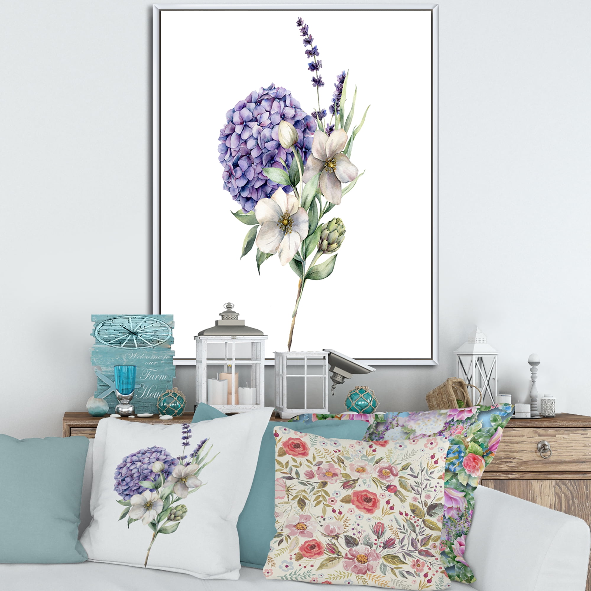Designart 'Bouquet Of Lavender Anemone Artichoke & Hydrangea ' Traditional Framed Canvas Wall Art Print
