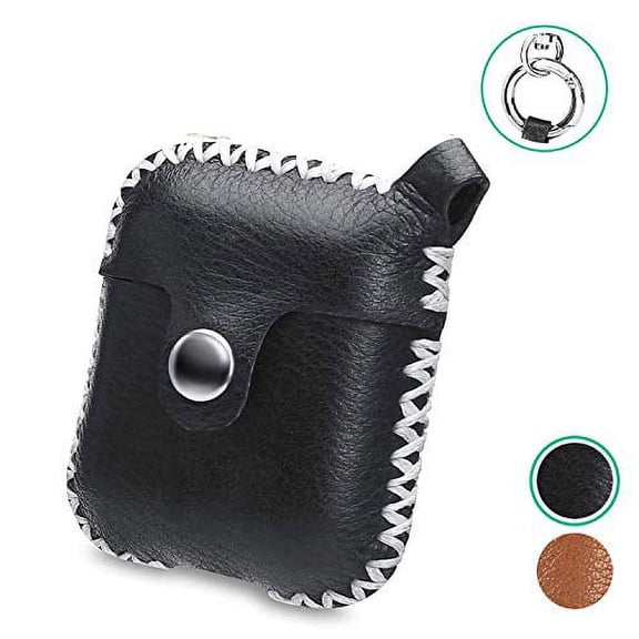 Leather AirPods Case Cover with Keychain, Genuine Handmade Leather (Black)