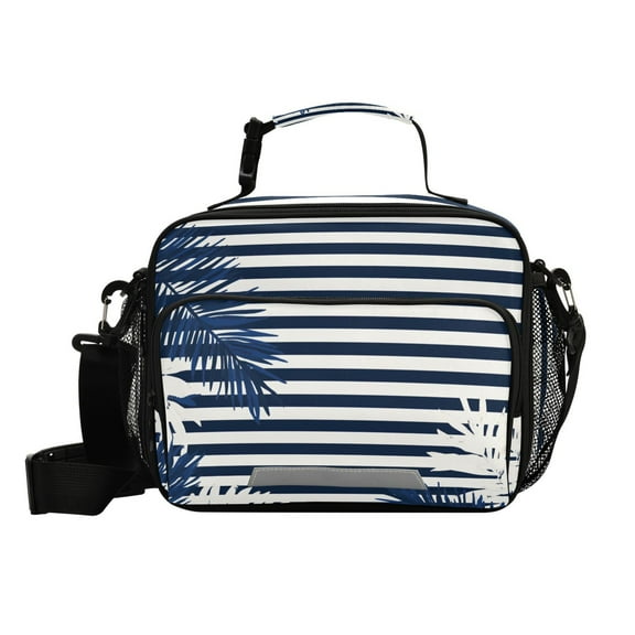 Palm Tree Leaves Navy Blue Narrow Stripes Insulated Lunch Bag Portable Cooler Bag Mommy Bag Large Capacity 6L
