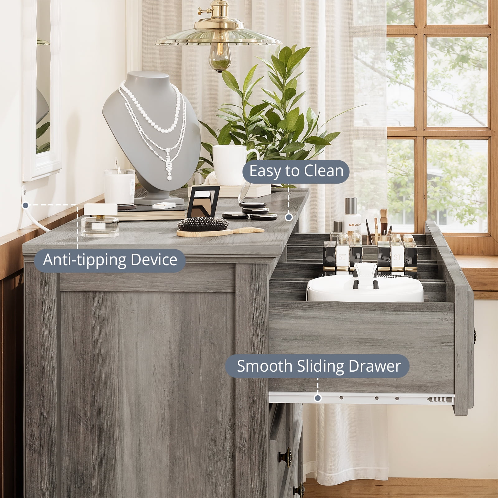 Holliwill 8 Drawers Dresser for Bedroom, Farmhouse Long Dresser Wood Chest of Drawers for Living Room, Entryway, Hallway, Gray