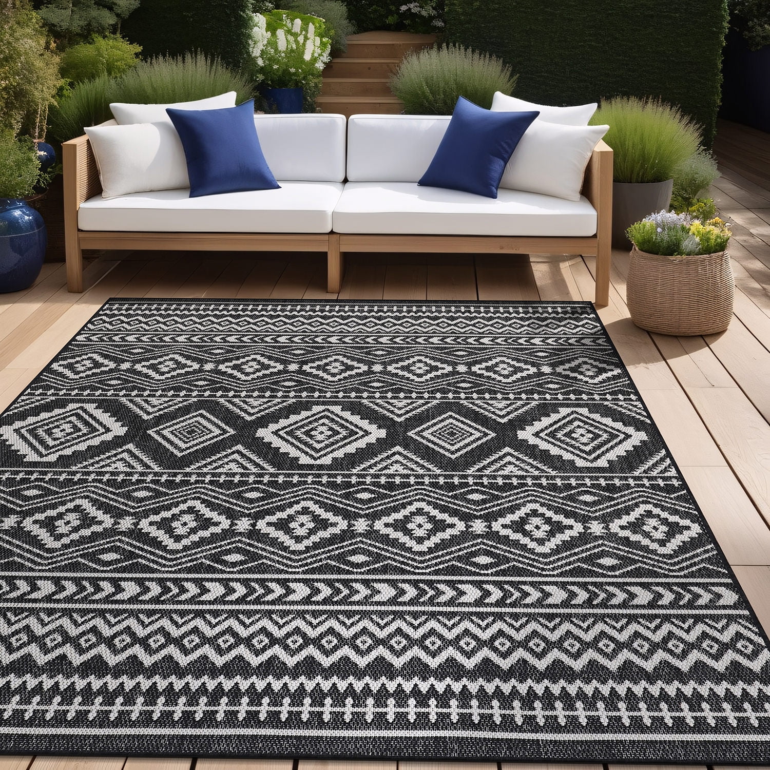 Beverly Rug Outdoor Area Rugs, Waterproof Patio Porch Garden Carpet, Black and White, 10'x14'