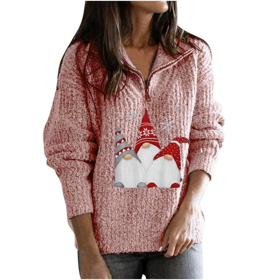 Luxalzxs Ugly Christmas Sweaters for Women 2023 Winter V-Neck Sweater Santa Claus Printed 1/4 Zipper Long Sleeve Oversized Knitted Sweater