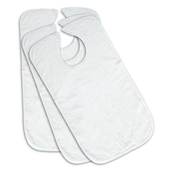 3-Pack - Blue or White Option - 100% Cotton Reusable Terry Adult Bib - Patient Bib (3 White)