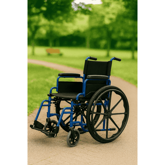 Lumi Blue Wheelchair with Padded Desk Arm, Adjustable Leg Rests, 18'' Seat