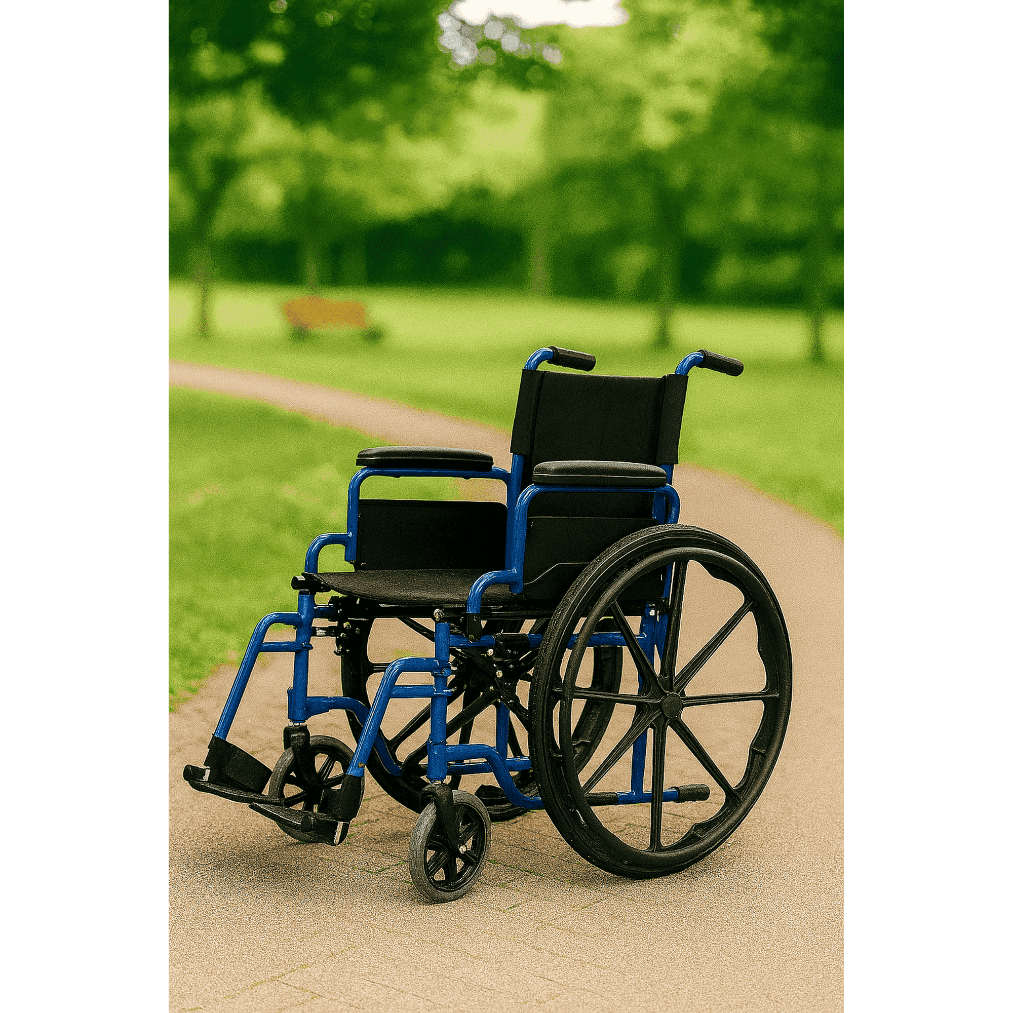 Lumi Blue Wheelchair with Padded Desk Arm, Adjustable Leg Rests, 18'' Seat