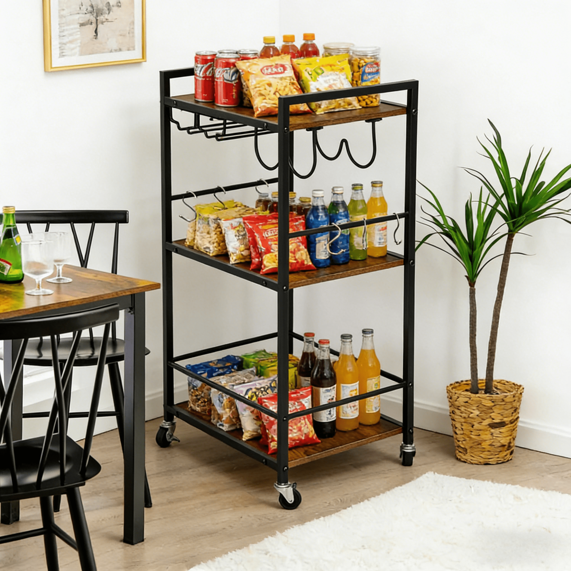 Gewnee Storage Cart with 3-Tier Storage Shelves&Cup Holders&Hooks,Suitable for kitchens and Living Room.Brown