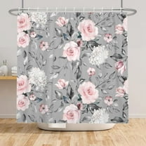 Pink Floral Grey Shower Curtain, Abstract Minimalist Pink Rose Gray Leaf Leaves Unique Polyester Fabric Shower Curtains for Bathroom Set Waterproof Washable with 12 Hooks, 72"x72"